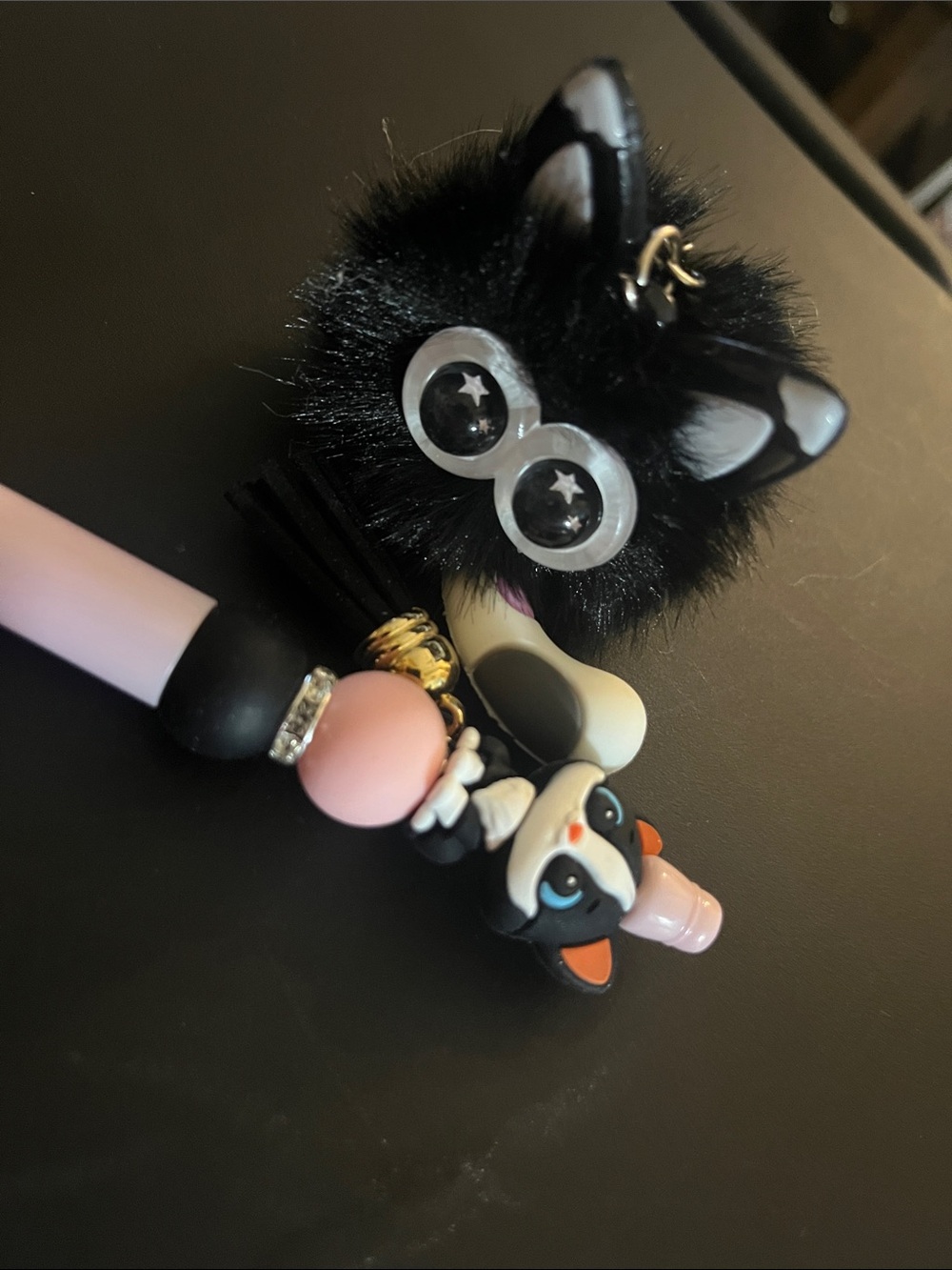 Cute Black Furry Cat Pom Keychain &?Pink Beaded Black Cat Pen Adorable Gift 62